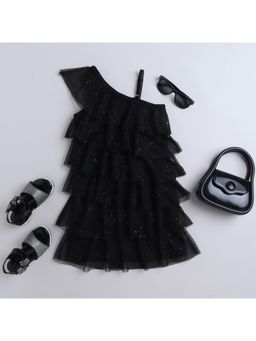 Taffy - Black Glittered Net One Shoulder Layered A-Line Party Dress