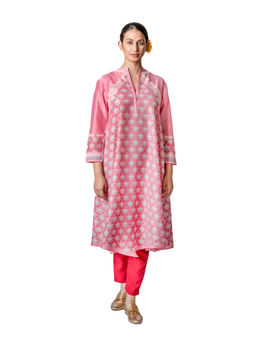 Krishna Mehta - Pink Chanderi Tunic With Floral Block Print