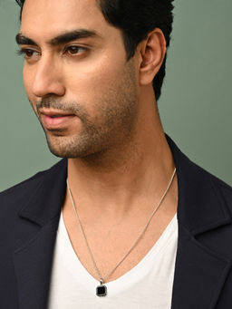 CLARA - 925 Silver Platinum Plated Swiss Zircon Black Onyx Men Pendant Necklace