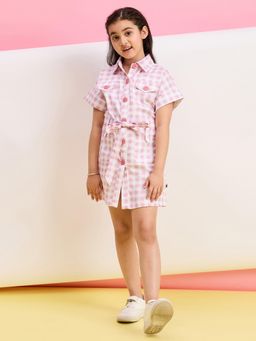 Stylo Bug - Girls Checks Printed Short Sleeves Mini Length Dress- Pink (Set of 2)