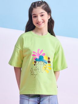 Stylo Bug - Girls Flower Printed Round Neck Short Sleeves T-Shirt -Green