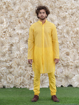 Runit Gupta - Yellow Embroidered Kurta (Set of 2)