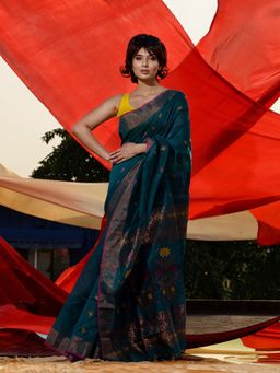 CHARUKRITI - Teal Green Cotton Blend Ethnic Motifs and Floral Pallu Saree with Unstitched Blouse