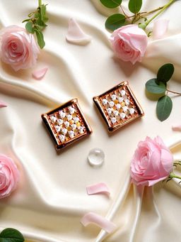 Accessher - Gold Plated American Diamond Square-Shaped Stud Earrings White