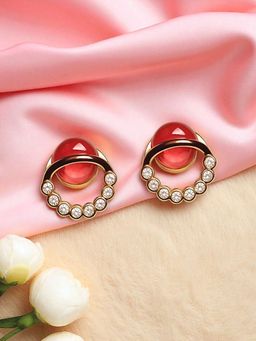 Accessher - Gold Plated Red Stone Stud Earrings
