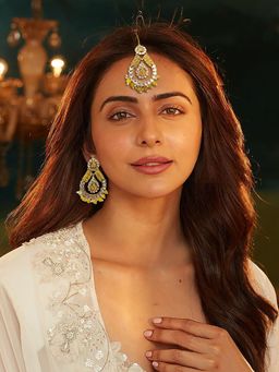 Accessher - Yellow And Gold Traditional Earrings With Maangtikka For Women