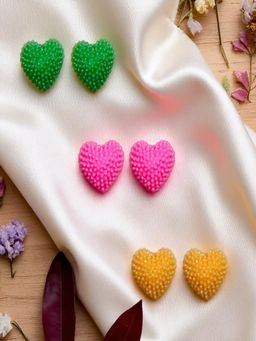 Accessher - Textured Heart-Shaped Stud Earrings In Green,Pink, Yellow