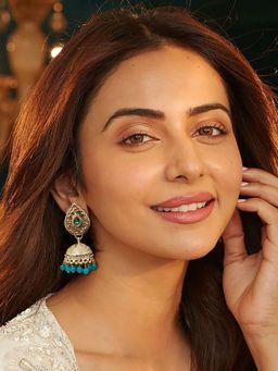 Accessher - Gold Plated Mint Green Jhumka Earrings For Women