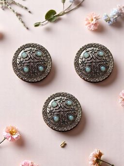 Accessher - Traditional Silver Oxidised Earrins With Finger Ring For Women Turquoise