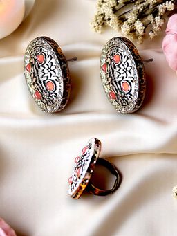 Accessher - Traditional Silver Oxidised Stud Earrings And Finger Ring Combo Women Orange