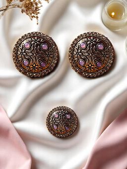 Accessher - Traditional Silver Oxidised Stud Earrings And Finger Ring Combo Women Pink