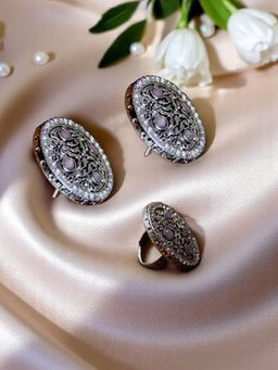 Accessher - Traditional Silver Oxidised Stud Earrings And Finger Ring Combo Women Lavender