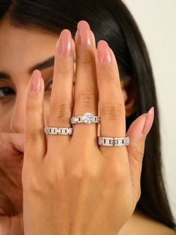 METALM - White Gold Plated 3 Piece Silver Ring Collection For Women