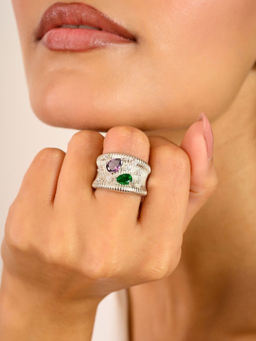 METALM White Gold Stackable Ring With Sparkling Green And Purple Gemstone