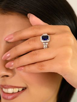 METALM - White Gold Emerald Cut Blue Cz Diamond Ring For Women