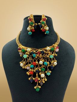 Treemoda - Exclusive Hand Crafted Golden Polish Multi-Stone Necklace Earrings Set