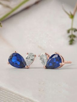 Ornate Jewels - 925 Silver 18K Rose Gold Plated Blue Sapphire Toi Et Moi Stud Earring Women & Girls