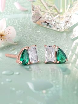 Ornate Jewels - 925 Silver 18K Rose Gold Plated Green Emerald Toi Et Moi Stud Earring Women