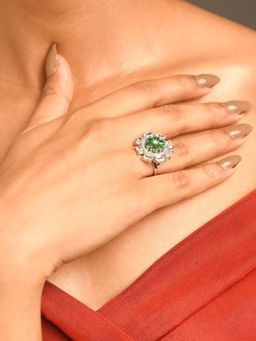 Abdesigns - Enchanting Silver Plated Cubic Zircon Studded Finger Ring Green