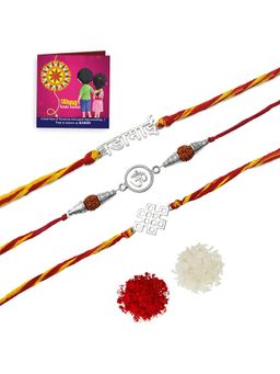 Yellow Chimes - Handmade Dori Worked Bada Bhai Rakhi With Roli Chawal & Card (Set of 5)