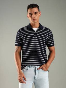 Tommy Hilfiger - Striped Regular Fit Cotton Polo T-Shirt - Navy Blue