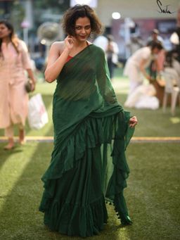 Suta - Dark Green Solid Pure Cotton Ruffle Saree without Blouse