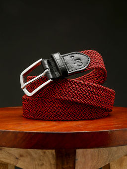 Louis Stitch - Men Black And Red Braided Elastic Stretch Belt with Leather Tipped End