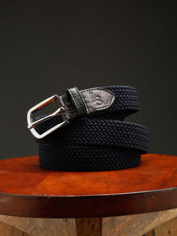 Louis Stitch - Men Sapphire Navy Blue Braided Elastic Stretch Belt with Leather Tipped End