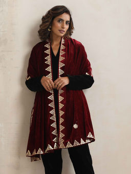 trueBrowns - Maroon Velvet Gota Patti Stole