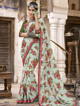 Odette - Light Green Georgette Floral Printed Saree with Unstitched Blouse