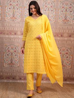 VISHUDH - Women Yellow Self Design Kurta with Pant & Dupatta (Set of 3)