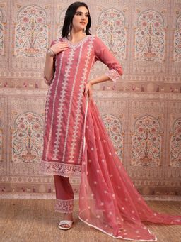 VISHUDH - Women Pink Embroidered Kurta with Pant & Dupatta (Set of 3)