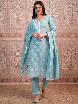 VISHUDH - Women Blue Embroidered Kurta with Pant & Dupatta (Set of 3)