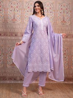 VISHUDH - Women Purple Embroidered Kurta with Pant & Dupatta (Set of 3)