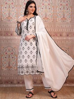 VISHUDH - Women White Embroidered Kurta with Pant & Dupatta (Set of 3)