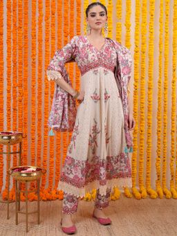 VISHUDH - Women Cream Floral Kurta with Pant & Dupatta (Set of 3)