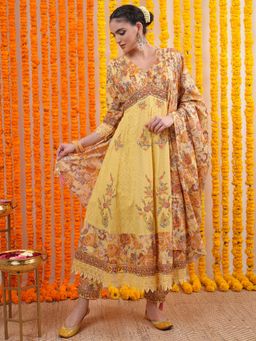 VISHUDH - Women Mustard Floral Kurta with Pant & Dupatta (Set of 3)