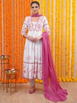 VISHUDH - Women Pink Floral Kurta with Pant & Dupatta (Set of 3)