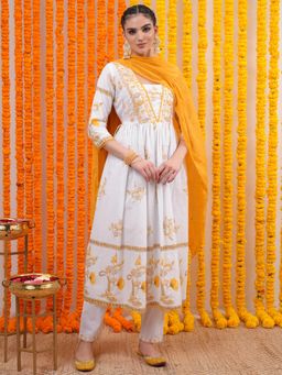 VISHUDH - Women Yellow Floral Anarkali Kurta with Pant & Dupatta (Set of 3)