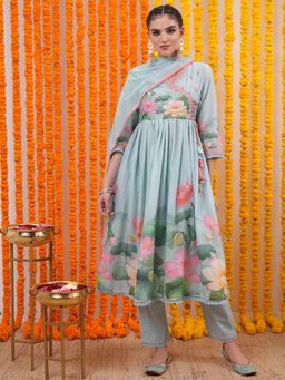 VISHUDH - Women Blue Floral Angarkha Kurta with Pant & Dupatta (Set of 3)