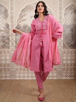 VISHUDH - Women Pink Printed Kurta with Pant & Dupatta (Set of 3)