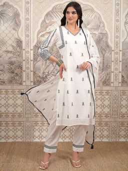 VISHUDH - Women White Embroidered Kurta with Pant & Dupatta (Set of 3)