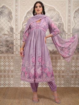 VISHUDH - Women Purple Floral Anarkali Kurta with Pant & Dupatta (Set of 3)