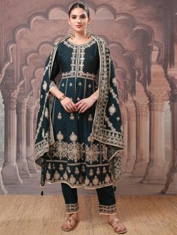 VISHUDH - Women Teal Printed Kurta with Pant & Dupatta (Set of 3)