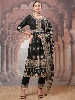 VISHUDH - Women Black Printed Kurta with Pant & Dupatta (Set of 3)