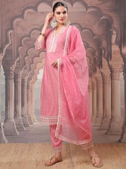 VISHUDH - Women Pink Printed Kurta with Pant & Dupatta (Set of 3)