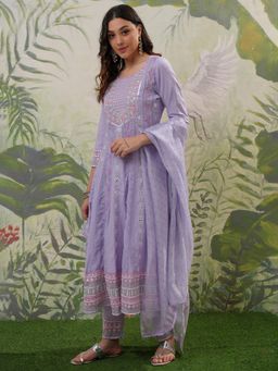 VISHUDH - Women Purple Floral Anarkali Kurta with Pant & Dupatta (Set of 3)