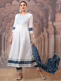 VISHUDH - Women White Embroidered Anarkali Kurta with Pant & Dupatta (Set of 3)