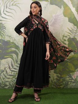 VISHUDH - Women Black Floral Anarkali Kurta with Pant & Dupatta (Set of 3)
