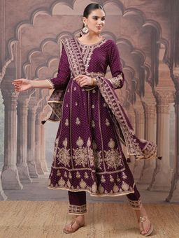 VISHUDH - Women Wine Printed Anarkali Kurta with Pant & Dupatta (Set of 3)